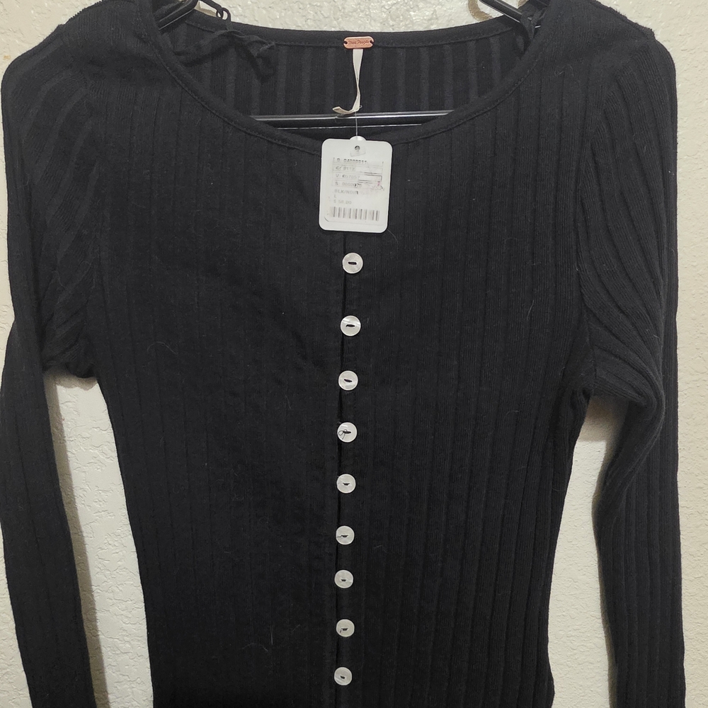 Free People Black Ribbed Knit Top